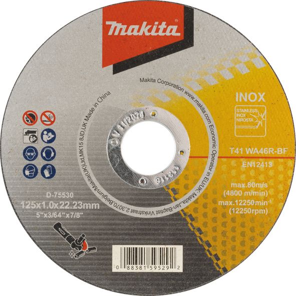 Тонкий отрезной диск для нержавеющей стали 125х1х22,23мм 46R, плоский Makita 125 мм (D-75530)