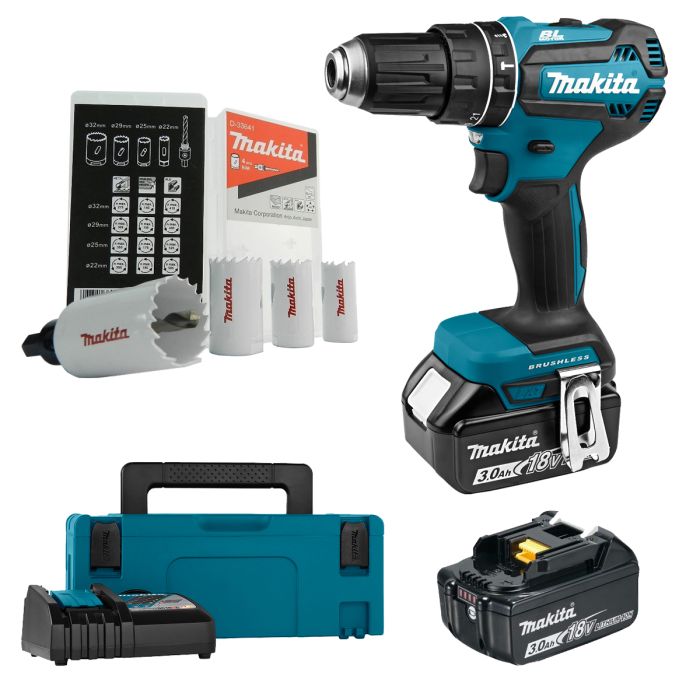 Акумуляторний дриль-шурупокрут з ударом Makita DHP485RFJ + набір коронок D-33641